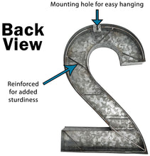 Load image into Gallery viewer, 20" Metal Number 2 (Two) Wall Decor, Silver with Rusted Edges, Galvanized Wall Mountable Decoration for Country, Mid-Century, or Farmhouse Themed Room or Event