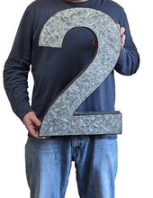 Load image into Gallery viewer, 20" Metal Number 2 (Two) Wall Decor, Silver with Rusted Edges, Galvanized Wall Mountable Decoration for Country, Mid-Century, or Farmhouse Themed Room or Event