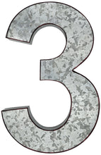 Load image into Gallery viewer, 20" Metal Number 3 (Three) Wall Decor, Silver with Rusted Edges, Galvanized Wall Mountable Decoration for Country, Mid-Century, or Farmhouse Themed Room or Event