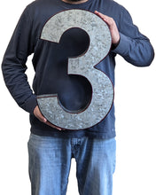 Load image into Gallery viewer, 20" Metal Number 3 (Three) Wall Decor, Silver with Rusted Edges, Galvanized Wall Mountable Decoration for Country, Mid-Century, or Farmhouse Themed Room or Event