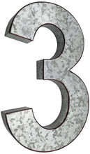 Load image into Gallery viewer, 20" Metal Number 3 (Three) Wall Decor, Silver with Rusted Edges, Galvanized Wall Mountable Decoration for Country, Mid-Century, or Farmhouse Themed Room or Event