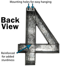 Load image into Gallery viewer, 20" Metal Number 4 (Four) Wall Decor, Silver with Rusted Edges, Galvanized Wall Mountable Decoration for Country, Mid-Century, or Farmhouse Themed Room or Event