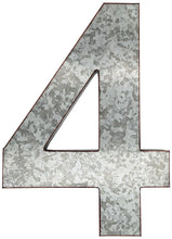 Load image into Gallery viewer, 20" Metal Number 4 (Four) Wall Decor, Silver with Rusted Edges, Galvanized Wall Mountable Decoration for Country, Mid-Century, or Farmhouse Themed Room or Event