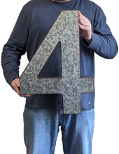 Load image into Gallery viewer, 20" Metal Number 4 (Four) Wall Decor, Silver with Rusted Edges, Galvanized Wall Mountable Decoration for Country, Mid-Century, or Farmhouse Themed Room or Event