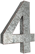 Load image into Gallery viewer, 20" Metal Number 4 (Four) Wall Decor, Silver with Rusted Edges, Galvanized Wall Mountable Decoration for Country, Mid-Century, or Farmhouse Themed Room or Event
