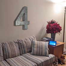 Load image into Gallery viewer, 20" Metal Number 4 (Four) Wall Decor, Silver with Rusted Edges, Galvanized Wall Mountable Decoration for Country, Mid-Century, or Farmhouse Themed Room or Event