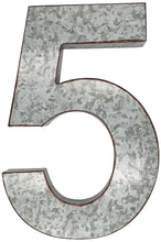 Load image into Gallery viewer, 20" Metal Number 5 (Five) Wall Decor, Silver with Rusted Edges, Galvanized Wall Mountable Decoration for Country, Mid-Century, or Farmhouse Themed Room or Event