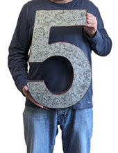 Load image into Gallery viewer, 20" Metal Number 5 (Five) Wall Decor, Silver with Rusted Edges, Galvanized Wall Mountable Decoration for Country, Mid-Century, or Farmhouse Themed Room or Event