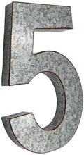 Load image into Gallery viewer, 20" Metal Number 5 (Five) Wall Decor, Silver with Rusted Edges, Galvanized Wall Mountable Decoration for Country, Mid-Century, or Farmhouse Themed Room or Event
