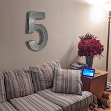 Load image into Gallery viewer, 20" Metal Number 5 (Five) Wall Decor, Silver with Rusted Edges, Galvanized Wall Mountable Decoration for Country, Mid-Century, or Farmhouse Themed Room or Event
