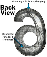 Load image into Gallery viewer, 20" Metal Number 6 (Six) Wall Decor, Silver with Rusted Edges, Galvanized Wall Mountable Decoration for Country, Mid-Century, or Farmhouse Themed Room or Event