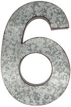 Load image into Gallery viewer, 20" Metal Number 6 (Six) Wall Decor, Silver with Rusted Edges, Galvanized Wall Mountable Decoration for Country, Mid-Century, or Farmhouse Themed Room or Event