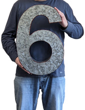 Load image into Gallery viewer, 20" Metal Number 6 (Six) Wall Decor, Silver with Rusted Edges, Galvanized Wall Mountable Decoration for Country, Mid-Century, or Farmhouse Themed Room or Event