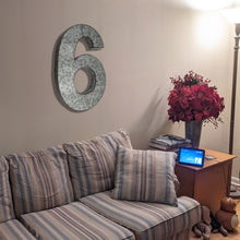 Load image into Gallery viewer, 20" Metal Number 6 (Six) Wall Decor, Silver with Rusted Edges, Galvanized Wall Mountable Decoration for Country, Mid-Century, or Farmhouse Themed Room or Event