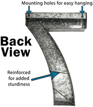 Load image into Gallery viewer, 20" Metal Number 7 (Seven) Wall Decor, Silver with Rusted Edges, Galvanized Wall Mountable Decoration for Country, Mid-Century, or Farmhouse Themed Room or Event