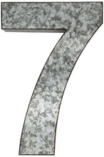Load image into Gallery viewer, 20" Metal Number 7 (Seven) Wall Decor, Silver with Rusted Edges, Galvanized Wall Mountable Decoration for Country, Mid-Century, or Farmhouse Themed Room or Event