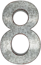Load image into Gallery viewer, 20" Metal Number 8 (Eight) Wall Decor, Silver with Rusted Edges, Galvanized Wall Mountable Decoration for Country, Mid-Century, or Farmhouse Themed Room or Event
