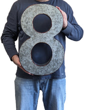 Load image into Gallery viewer, 20" Metal Number 8 (Eight) Wall Decor, Silver with Red Borders, Galvanized Wall Mountable Decoration for Country, Mid-Century, or Farmhouse Themed Room or Event