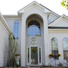 Load image into Gallery viewer, 20" Metal Number 8 (Eight) Wall Decor, Silver with Red Borders, Galvanized Wall Mountable Decoration for Country, Mid-Century, or Farmhouse Themed Room or Event