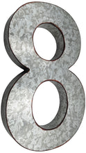 Load image into Gallery viewer, 20" Metal Number 8 (Eight) Wall Decor, Silver with Rusted Edges, Galvanized Wall Mountable Decoration for Country, Mid-Century, or Farmhouse Themed Room or Event