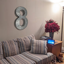 Load image into Gallery viewer, 20" Metal Number 8 (Eight) Wall Decor, Silver with Red Borders, Galvanized Wall Mountable Decoration for Country, Mid-Century, or Farmhouse Themed Room or Event