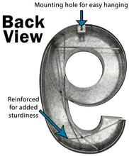 Load image into Gallery viewer, 20" Metal Number 9 (Nine) Wall Decor, Silver with Red Borders, Galvanized Wall Mountable Decoration for Country, Mid-Century, or Farmhouse Themed Room or Event