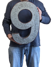 Load image into Gallery viewer, 20" Metal Number 9 (Nine) Wall Decor, Silver with Red Borders, Galvanized Wall Mountable Decoration for Country, Mid-Century, or Farmhouse Themed Room or Event