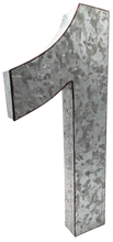 Load image into Gallery viewer, 20" Metal Number 1 (One) Wall Decor, Silver with Red Borders, Galvanized Wall Mountable Decoration for Country, Mid-Century, or Farmhouse Themed Room or Event