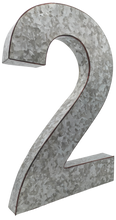 Load image into Gallery viewer, 20" Metal Number 2 (Two) Wall Decor, Silver with Red Borders, Galvanized Wall Mountable Decoration for Country, Mid-Century, or Farmhouse Themed Room or Event