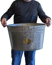 Load image into Gallery viewer, Galvanized Metal 8 Gallon Oval Ice Bucket with Wooden Handles, Beverage Holder Tub with Gold Bee Emblem for Farmhouse or Country Themed Party