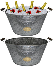Load image into Gallery viewer, 2 Pack Galvanized Metal 8 Gallon Oval Ice Buckets with Wooden Handles, Beverage Holder Tubs with Gold Bee Emblem for Farmhouse or Country Themed Party
