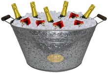 Load image into Gallery viewer, Galvanized Metal 8 Gallon Oval Ice Bucket with Wooden Handles, Beverage Holder Tub with Gold Bee Emblem for Farmhouse or Country Themed Party