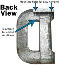 Load image into Gallery viewer, Huge 20" Metal Letter D Wall Décor, Silver with Rusted Edges, Galvanized Wall Mountable Decoration for Country, Mid-Century, or Farmhouse Theme