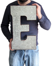Load image into Gallery viewer, Huge 20" Metal Letter E Wall Décor, Silver with Red Border Edges, Galvanized Wall Mountable Decoration for Country, Mid-Century, or Farmhouse Theme