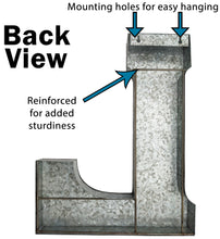 Load image into Gallery viewer, 20" Tall Metal "PLAY" Letters - Approximately 4.6 Foot Long Hanging Décor, Silver with Rusted Edges, Galvanized Wall Mountable Decoration for Country, Mid-Century, or Farmhouse Theme