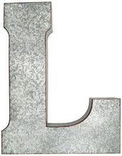 Load image into Gallery viewer, 20" Tall Metal "PLAY" Letters - Approximately 4.6 Foot Long Hanging Décor, Silver with Rusted Edges, Galvanized Wall Mountable Decoration for Country, Mid-Century, or Farmhouse Theme