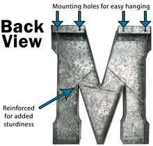 Load image into Gallery viewer, Huge 20" Metal Letter M Wall Décor, Silver with Rusted Edges, Galvanized Wall Mountable Decoration for Country, Mid-Century, or Farmhouse Theme