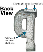 Load image into Gallery viewer, 20" Tall Metal "PLAY" Letters - Approximately 4.6 Foot Long Hanging Décor, Silver with Rusted Edges, Galvanized Wall Mountable Decoration for Country, Mid-Century, or Farmhouse Theme