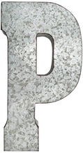 Load image into Gallery viewer, 20" Tall Metal "PLAY" Letters - Approximately 4.6 Foot Long Hanging Décor, Silver with Rusted Edges, Galvanized Wall Mountable Decoration for Country, Mid-Century, or Farmhouse Theme