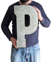 Load image into Gallery viewer, Huge 20" Metal Letter P Wall Décor, Silver with Red Border Edges, Galvanized Wall Mountable Decoration for Country, Mid-Century, or Farmhouse Theme