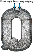 Load image into Gallery viewer, Huge 20" Metal Letter Q Wall Décor, Silver with Red Border Edges, Galvanized Wall Mountable Decoration for Country, Mid-Century, or Farmhouse Theme