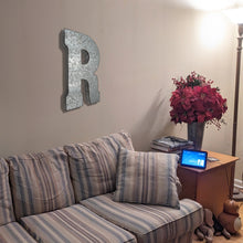 Load image into Gallery viewer, Huge 20" Metal Letter R Wall Décor, Silver with Rusted Edges, Galvanized Wall Mountable Decoration for Country, Mid-Century, or Farmhouse Theme