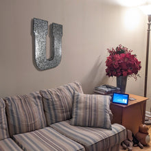 Load image into Gallery viewer, Huge 20" Metal Letter U Wall Décor, Silver with Red Border Edges, Galvanized Wall Mountable Decoration for Country, Mid-Century, or Farmhouse Theme