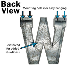 Load image into Gallery viewer, Huge 20" Metal Letter W Wall Décor, Silver with Rusted Edges, Galvanized Wall Mountable Decoration for Country, Mid-Century, or Farmhouse Theme