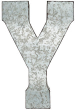 Load image into Gallery viewer, 20" Tall Metal "PLAY" Letters - Approximately 4.6 Foot Long Hanging Décor, Silver with Rusted Edges, Galvanized Wall Mountable Decoration for Country, Mid-Century, or Farmhouse Theme