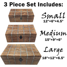 Load image into Gallery viewer, Set of 3 Nesting Wooden Pirate Treasure Chests, Includes Small, Medium, and Large Hinged Chests Decorated with Gray Metal Accents, Black Hasps for Locks