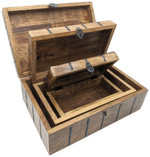 Load image into Gallery viewer, Set of 3 Nesting Wooden Pirate Treasure Chests, Includes Small, Medium, and Large Hinged Chests Decorated with Black Metal Accents, Hasps for Locks