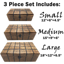 Load image into Gallery viewer, Set of 3 Nesting Wooden Pirate Treasure Chests, Includes Small, Medium, and Large Hinged Chests Decorated with Black Metal Accents, Hasps for Locks