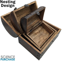 Load image into Gallery viewer, Set of 3 Nesting Wooden Pirate Treasure Chests with Locks and Keys - Includes Small, Medium, and Large Hinged Chests Decorated with Metal Accents