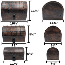 Load image into Gallery viewer, Set of 3 Nesting Wooden Pirate Treasure Chests with Locks and Keys - Includes Small, Medium, and Large Hinged Chests Decorated with Metal Accents